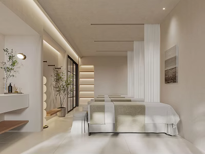 Modern SPA Sauna Room Interior With Massage Beds White Curtains And Plants 3d model