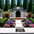 Cemetery Scene With Visitors Taking Photos Walking Path Tombstones Red Flowers And Green Trees