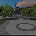Residential Building Complex With Plaza Trees Circular Paved Ground And Sunset Sky
