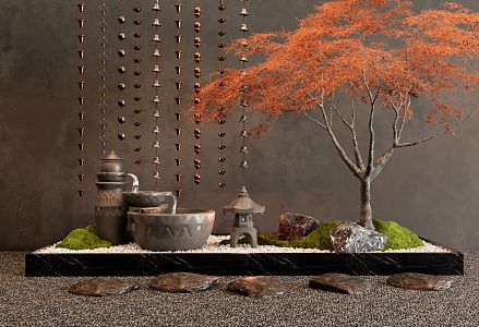 New Chinese Courtyard Landscape Setches Indoor Landscape Landscaping Water Bowl Rainwater Chain Water Scene Ting Step Red Maple 3d model