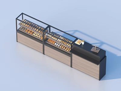 Bakery Display Case With Glass Shelves And Assorted Pastries On Wooden Base 3d model