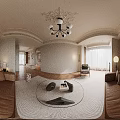 Elegant Living Room Interior With Brown Sofa Chandelier And Decorative Paintings