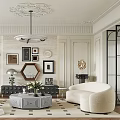 Elegant Modern Living Room With Curved Sofas Round Coffee Table Decorative Artworks And Ceiling Molding
