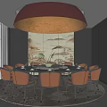 Elegant Modern Private Dining Room With Round Table Chairs Landscape Painting Red Ceiling Light