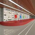 Modern Reception Area With Red Desk Wooden Ceiling White Cabinets Colorful Panels And Green Plants