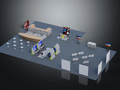Modern Exhibition Booth Design With Reception Counter Display Screens And Tables 3d model
