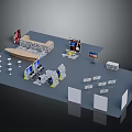 Modern Exhibition Booth Design With Reception Counter Display Screens And Tables