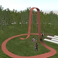 Pink Outdoor Swing Set Playground Equipment in Grass with Trees and People Playing