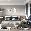 Cozy Kids Room With Bed Stuffed Teddy Bears Moon Star Wall Decor Bookshelf And Desk