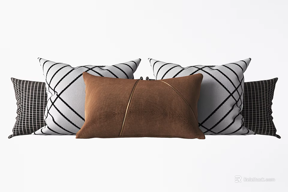 Modern Decorative Throw Pillows With Brown And Black White Checkered Geometric Patterns 3d model 