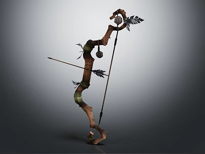 Handcrafted Traditional Bow Weapon With Arrows And Feather Accents 3d model