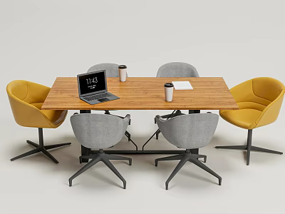 Modern Wooden Conference Table With Yellow And Gray Chairs Laptop Cups And Notebook 3d model
