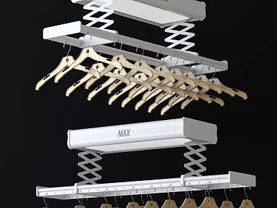 Wooden Hangers On Retractable Overhead Racks With Spring Design MAX Label And White Frame 3d model