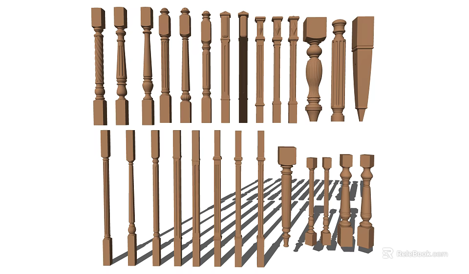 Wooden Balusters with Various Designs and Styles for Railings Displayed in Different Shapes and Sizes 3d model 