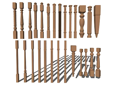 Wooden Balusters with Various Designs and Styles for Railings Displayed in Different Shapes and Sizes 3d model