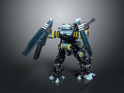 Giant Armored Mechanical Character With Weaponized Blades And Yellow Accent Details 3d model