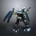 Giant Armored Mechanical Character With Weaponized Blades And Yellow Accent Details