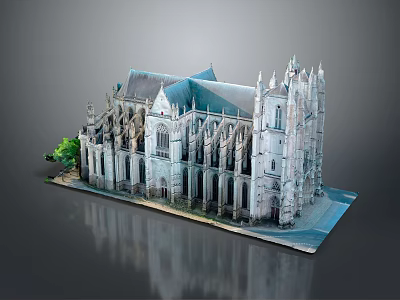 Cartoon Scene Of Gothic Church With Spires Arched Windows Small Tree And Model Base 3d model