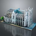 Cartoon Scene Of Gothic Church With Spires Arched Windows Small Tree And Model Base