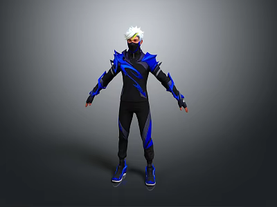 Man With White Hair In Black And Blue Armored Outfit Standing Pose 3d model