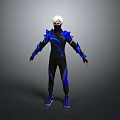 Man With White Hair In Black And Blue Armored Outfit Standing Pose