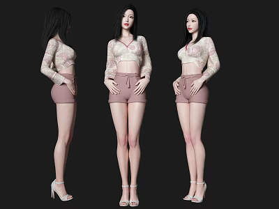 Woman With Long Sleeved Lace Top Pink Shorts And High Heels Three Angles Dark Background 3d model