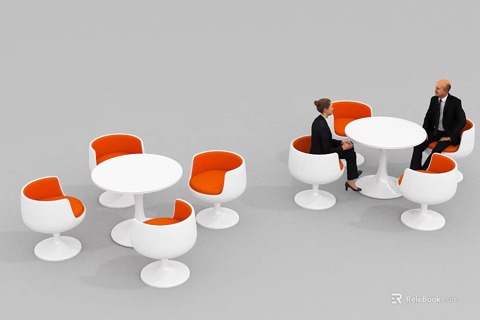 Modern Round Table and Orange Chair Set with White Frames in Office Area 3d model 