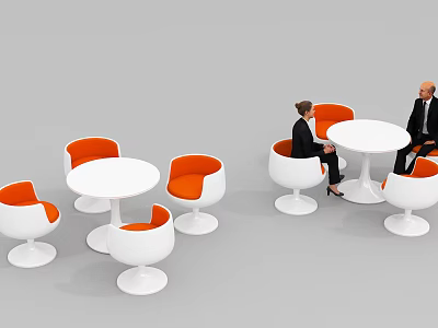 Modern Round Table and Orange Chair Set with White Frames in Office Area 3d model