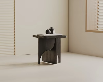 Dark Wood Side Table With Modern Curved Legs And Book Decor In Neutral Room 3d model