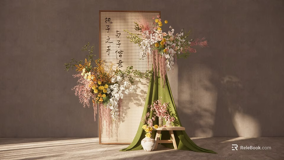 Traditional Decorative Screen With Calligraphy Floral Arrangements Draped Green Fabric Small Stool And Vase 3d model 