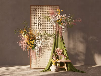 Traditional Decorative Screen With Calligraphy Floral Arrangements Draped Green Fabric Small Stool And Vase 3d model