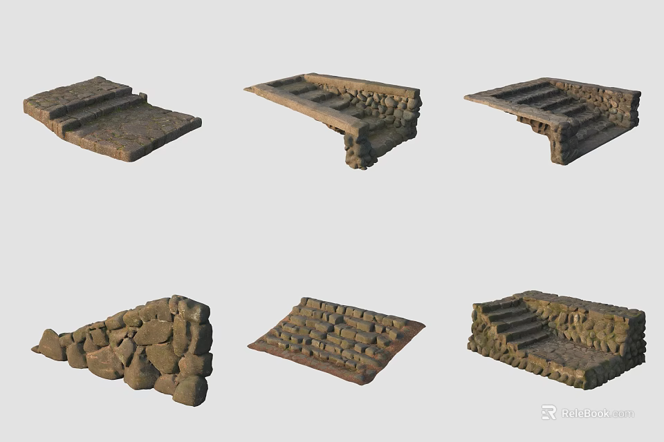Stone Wood Building Structures With Steps Platforms And Wall Components 3d model