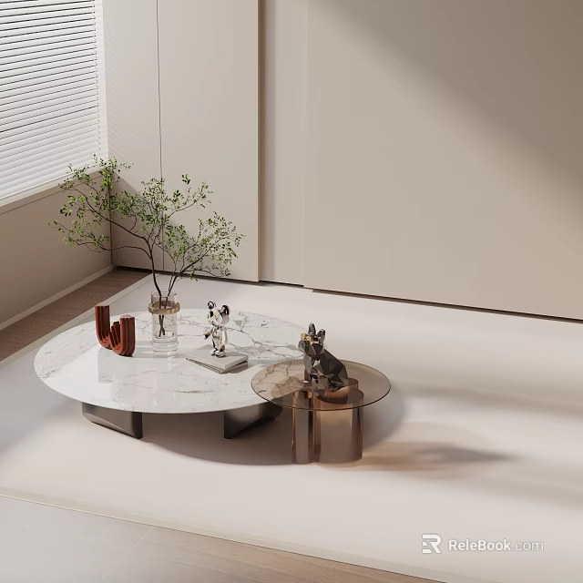 Modern Round Marble Coffee Table Set with Side Table Plants and Decorations in Bright Room 3d model 