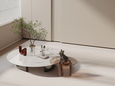 Modern Round Marble Coffee Table Set with Side Table Plants and Decorations in Bright Room 3d model