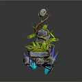 Wooden And Stone Decorative Sculptures With Vines Green Plants And Blue Crystals