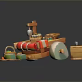 3D Wooden Boat Model With Lifebuoy Rope Bird Green Barrel And Wooden Bucket
