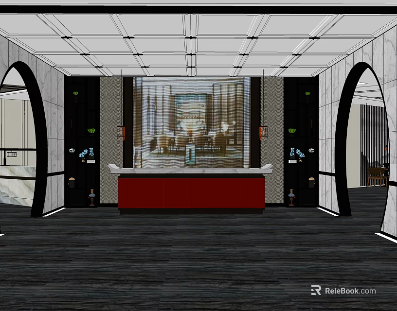 Hotel Lobby Interior With Red Reception Desk Arched Doorways And Modern Ceiling Design 3d model 