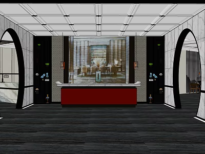 Hotel Lobby Interior With Red Reception Desk Arched Doorways And Modern Ceiling Design 3d model