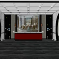 Hotel Lobby Interior With Red Reception Desk Arched Doorways And Modern Ceiling Design