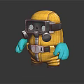 Cartoon Character In Yellow Protective Suit With Gas Mask And Blue Gloves
