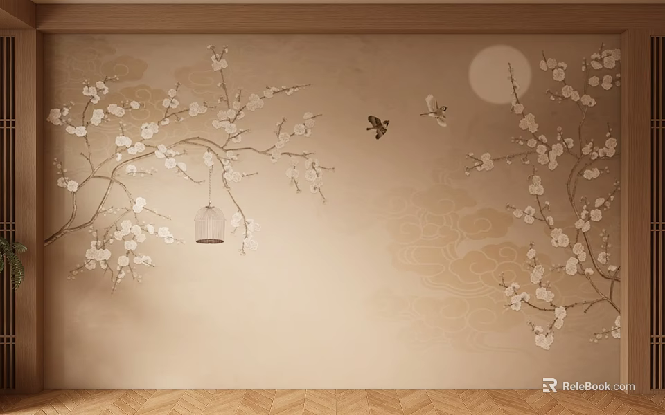 Traditional Landscape Painting With Cherry Blossom Branches Hanging Lantern Full Moon Cloud Patterns Wooden Floor 3d model 