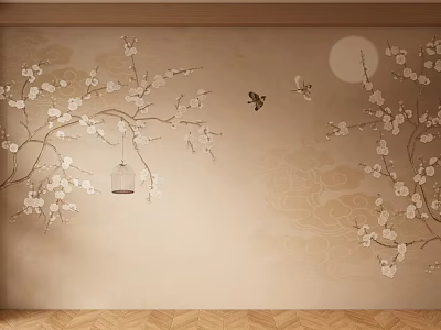 Traditional Landscape Painting With Cherry Blossom Branches Hanging Lantern Full Moon Cloud Patterns Wooden Floor 3d model