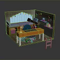 Miniature Room Scene With Orange Desk Green Chair Bookshelf Ladder And Star Decorations