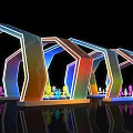 Colorful Illuminated Event Entrance With Geometric Arch Structure And Reflective Floor