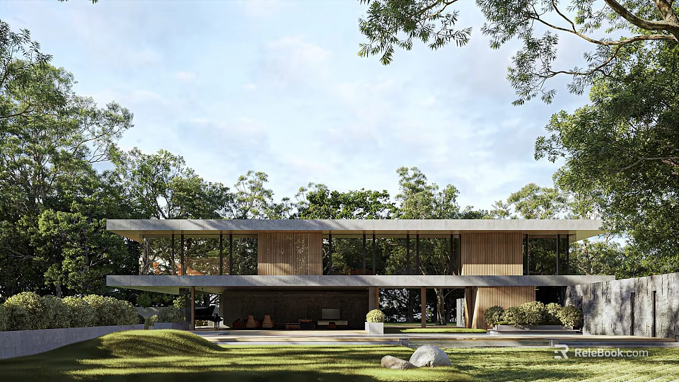 Modern Detached Villa Exterior Design With Large Windows And Lush Green Surroundings 3d model 