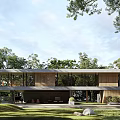 Modern Detached Villa Exterior Design With Large Windows And Lush Green Surroundings