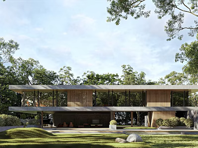 Modern Detached Villa Exterior Design With Large Windows And Lush Green Surroundings 3d model