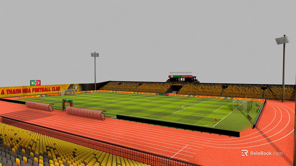 Professional Football Stadium With Green Grass Pitch Yellow Seats Red Track And Lighting Towers 3d model 