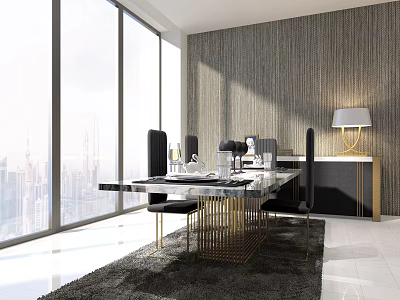 Modern Dining Table Set With Black Chairs Metal Frame And City View Through Large Windows 3d model