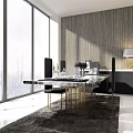 Modern Dining Table Set With Black Chairs Metal Frame And City View Through Large Windows